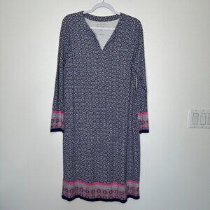 Coolibar Oceanside Midi Dress Size L Blue Geometric Long Sleeve UPF 50
